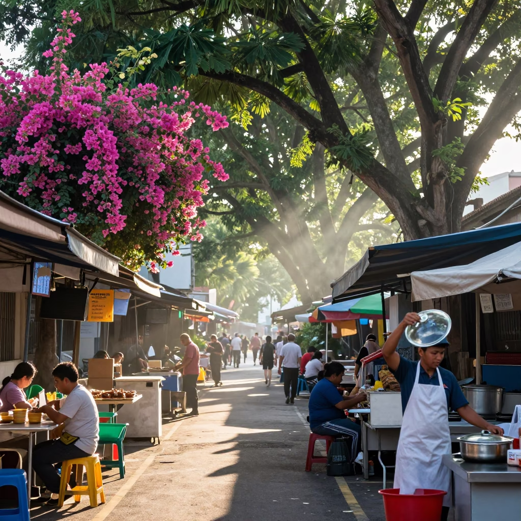 Early Morning Singapore Street Scene with Bougainvillea and Local Breakfast in in Singapore, Singapore