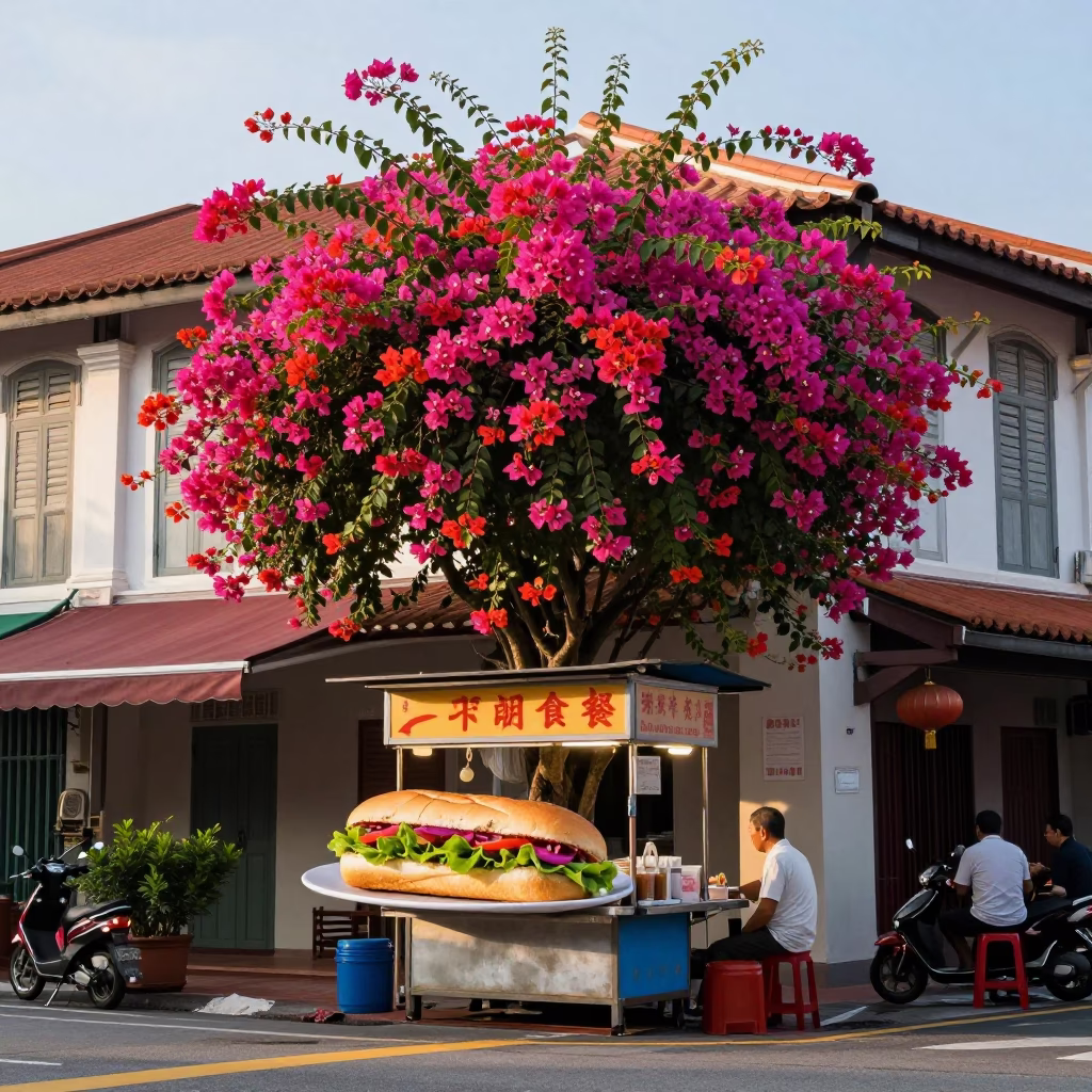 Early Morning Singapore Street Scene with Bougainvillea and Traditional Hawker Food in in Singapore, Singapore