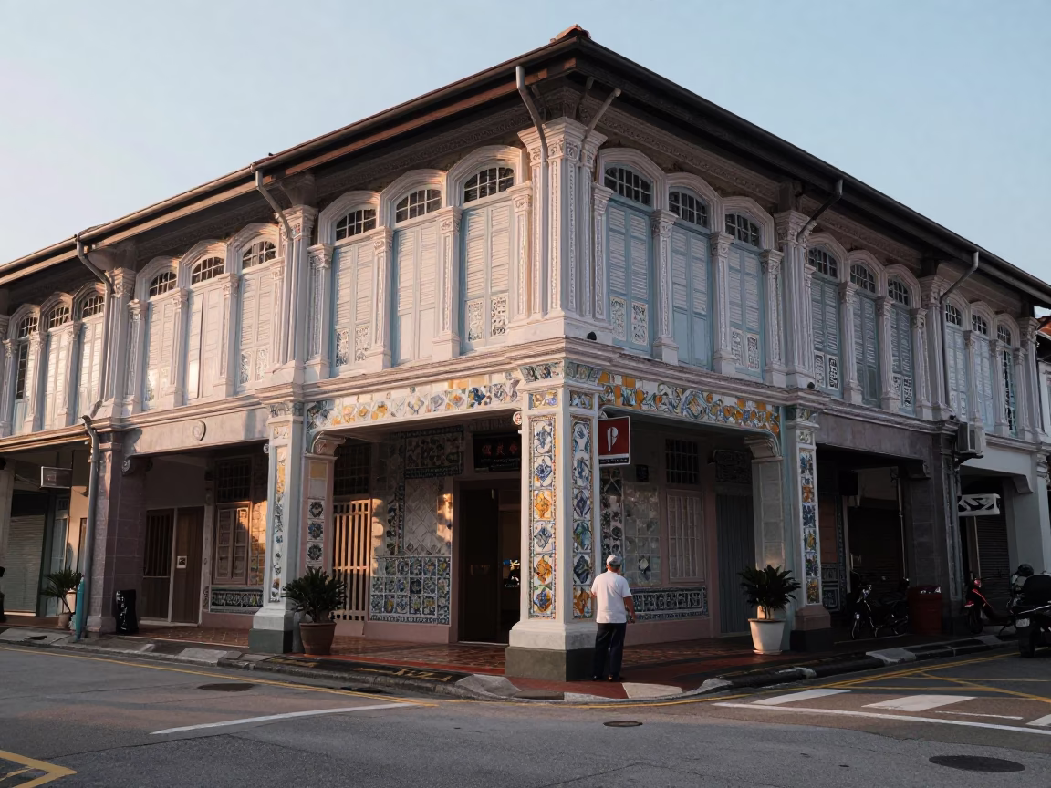 Early Morning Singapore Street Scene with Ceramic Tiles and Blue Enamel Details in in Singapore, Singapore