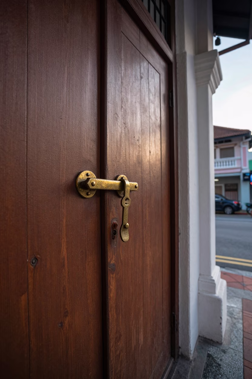 Early Morning Singapore Street Scene with Iron Deadbolt and Tin Box in in Singapore, Singapore