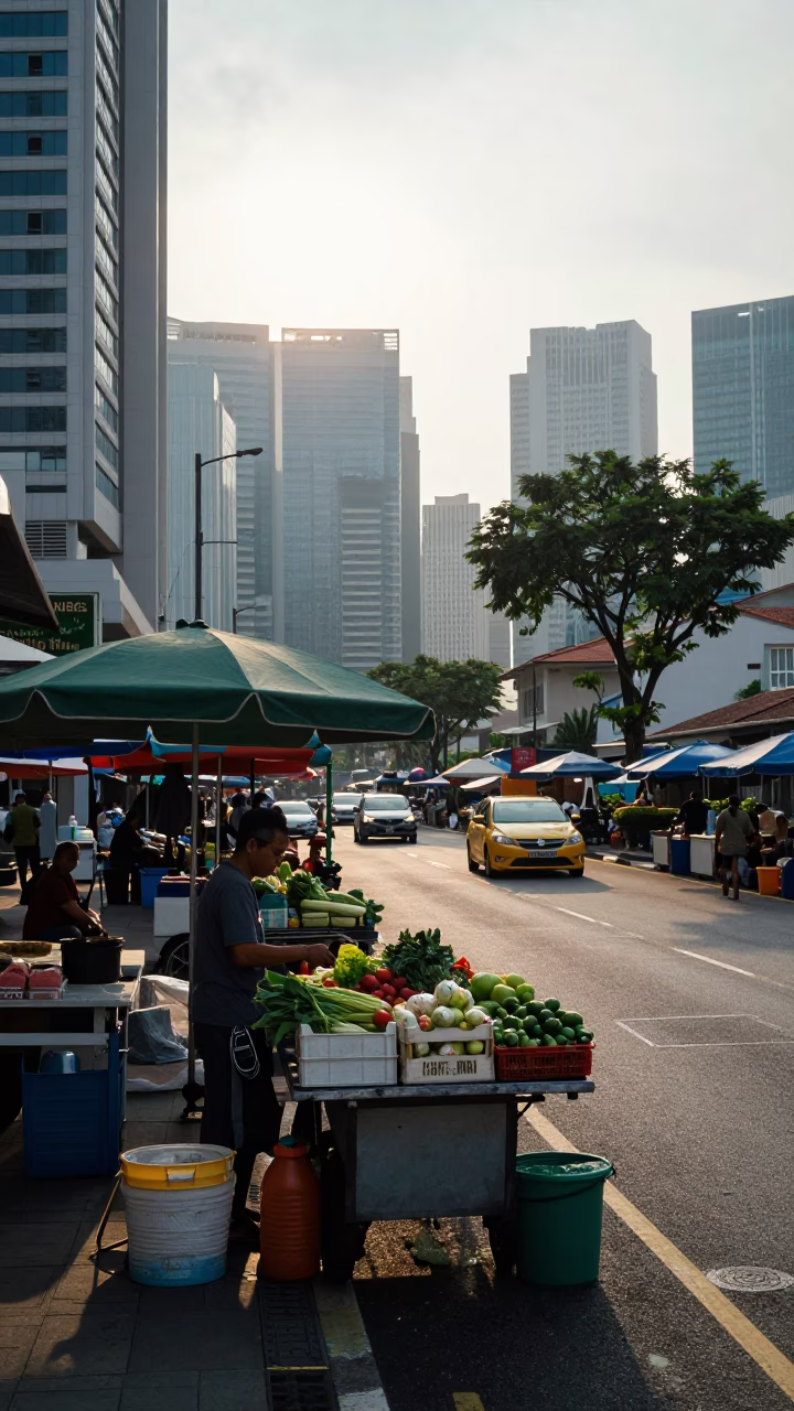 Early Morning Singapore Street Scene with Local Market Activity and Urban Details in in Singapore, Singapore