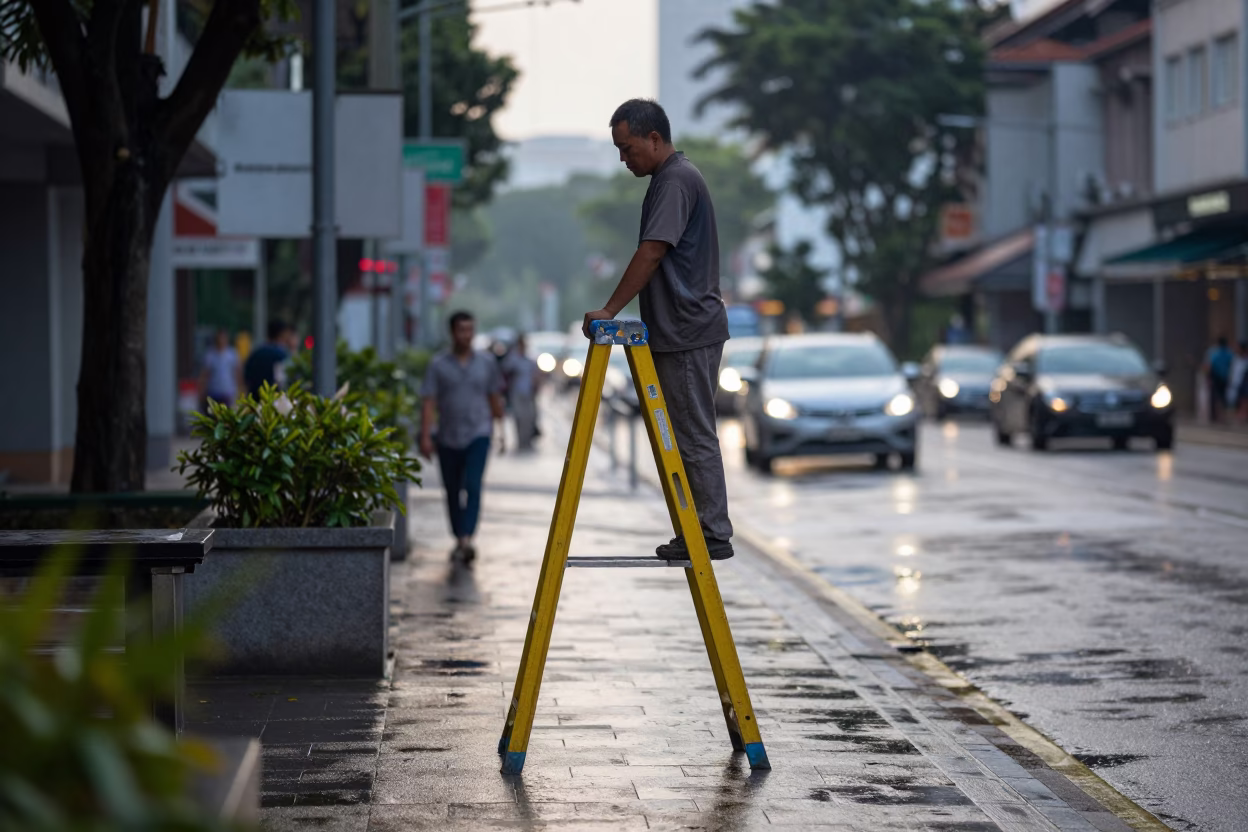 Early Morning Singapore Street Scene with Step Ladder and Wet Flagstones in in Singapore, Singapore