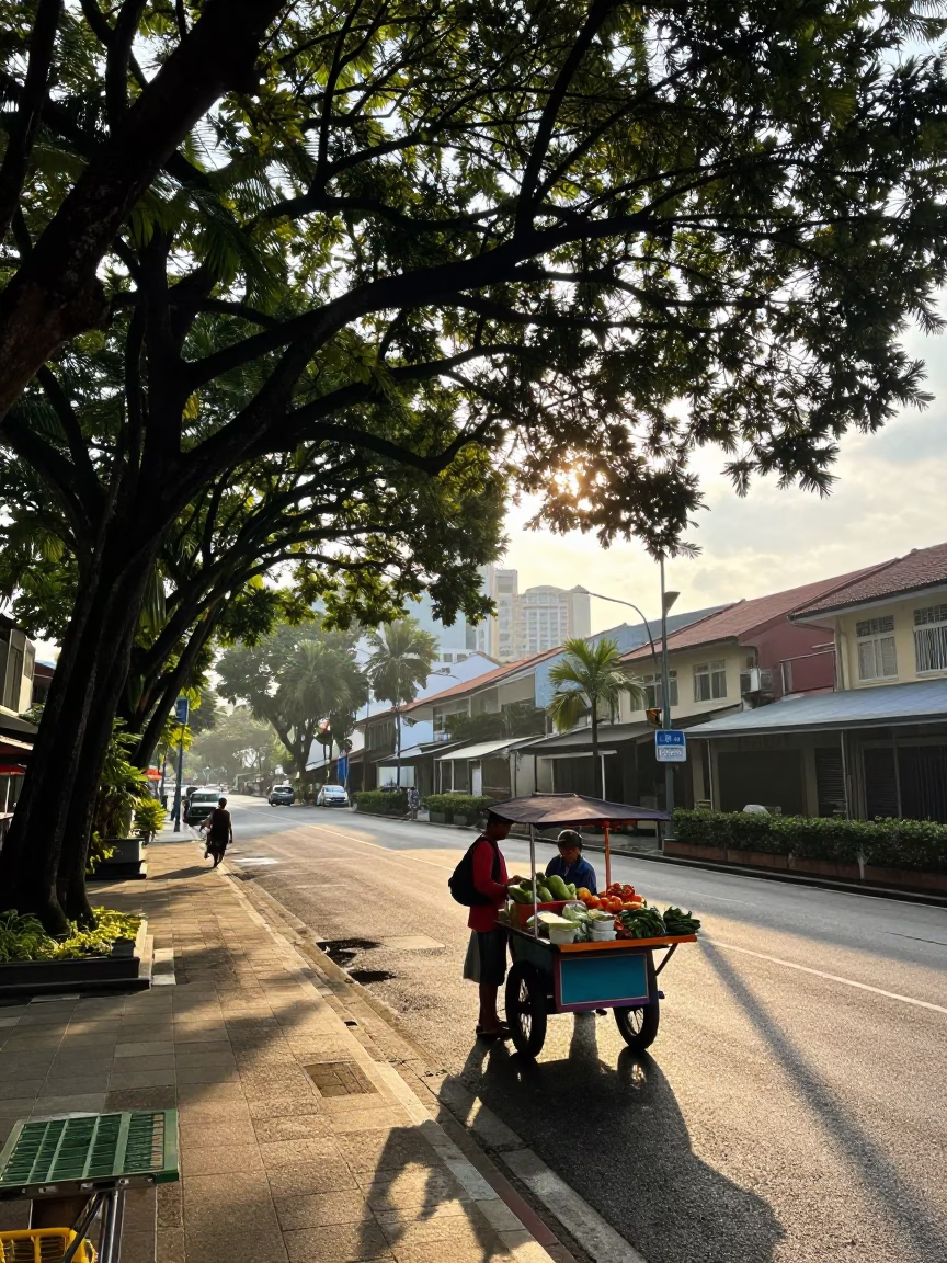 Early Morning Singapore Street Scene with Sunlight and Local Market Activity in in Singapore, Singapore
