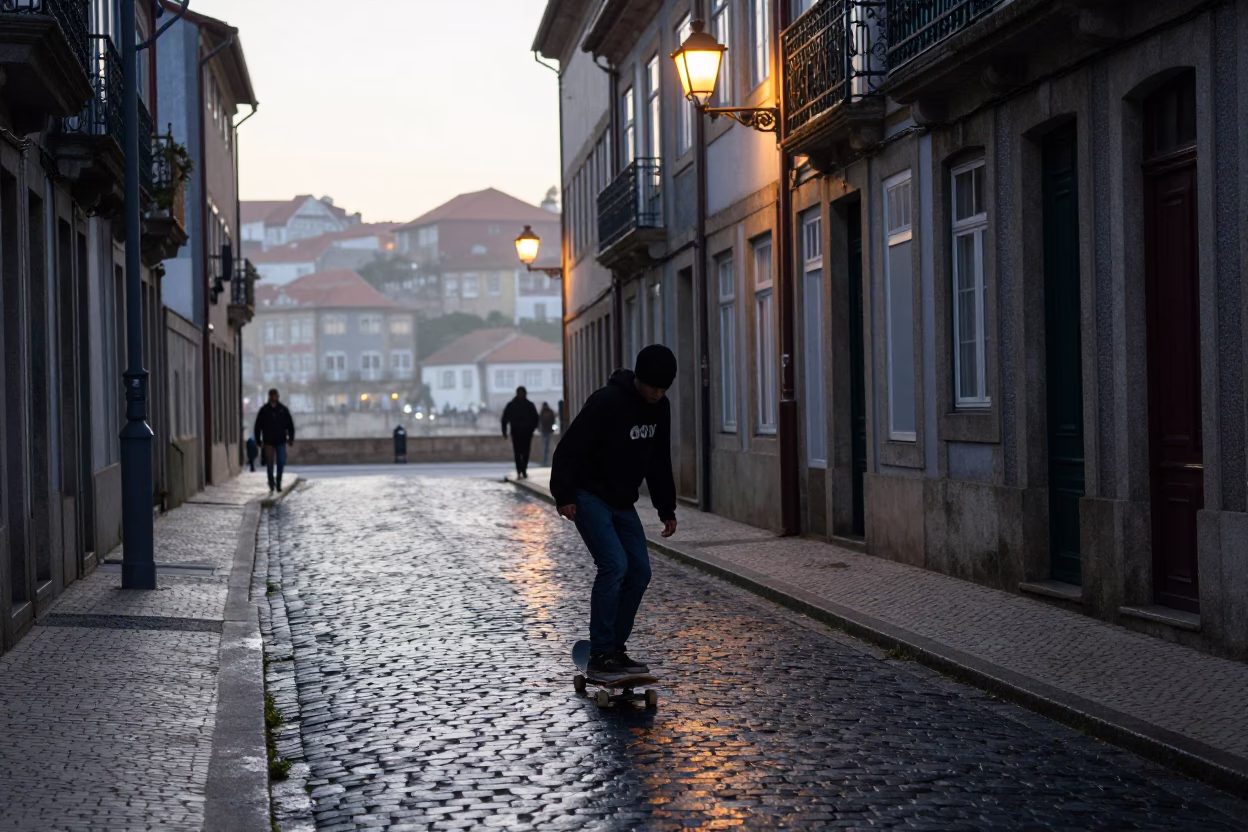 Early Morning Skateboarder on Cobblestone Street in Porto Portugal Before Sunrise in in Porto, Portugal