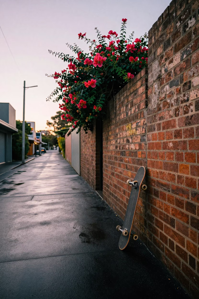 Early Morning Skateboarder on Melbourne Laneway with Flowering Plant and Steel Latch in in Melbourne, Victoria, Australia