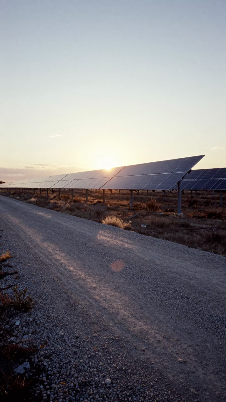 Early Morning Solar Array Glint on Austin Texas Gravel Road at Sunrise in in Austin, Texas, United States