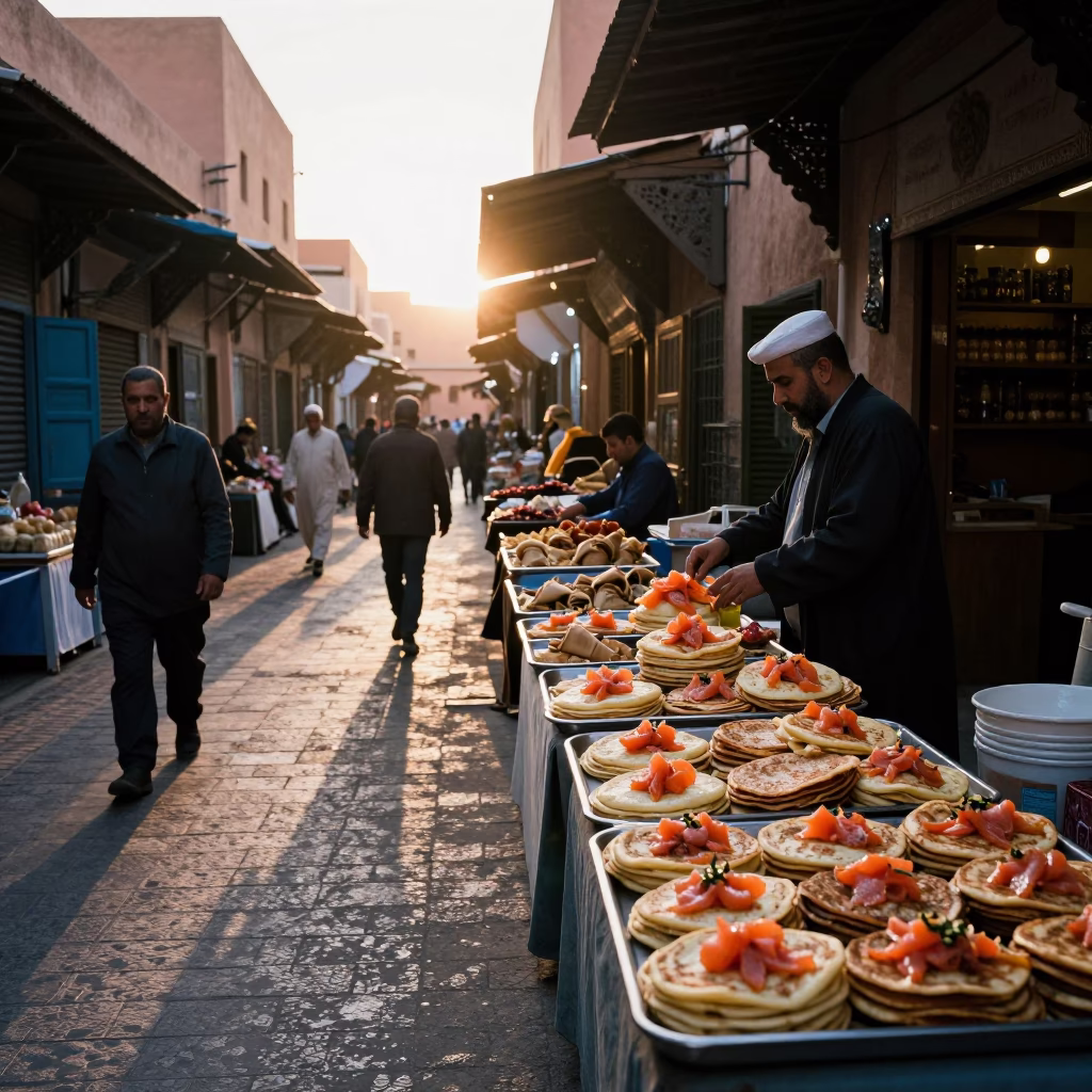Early Morning Souk Activity in Marrakech Morocco at Dawn with Local Vendors in in Marrakech, Morocco