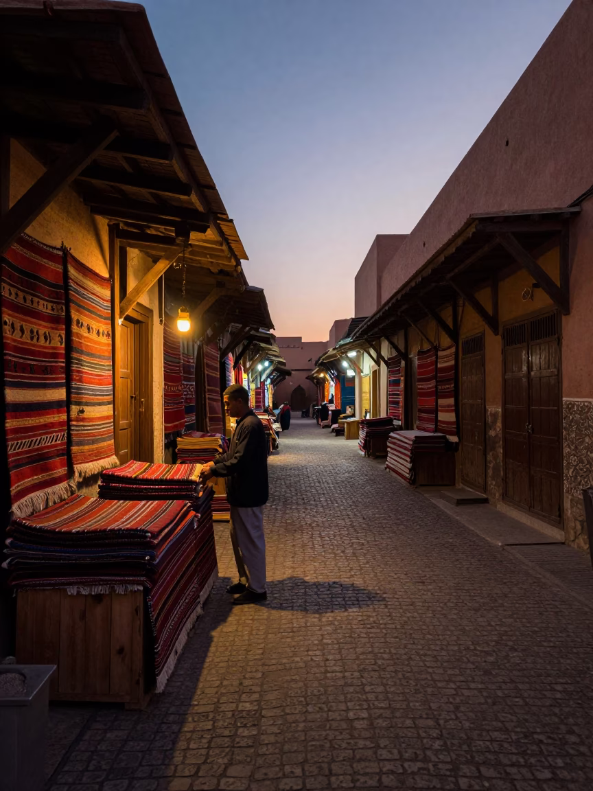 Early Morning Souk Activity in Marrakech Morocco Before Dawn Light in in Marrakech, Morocco
