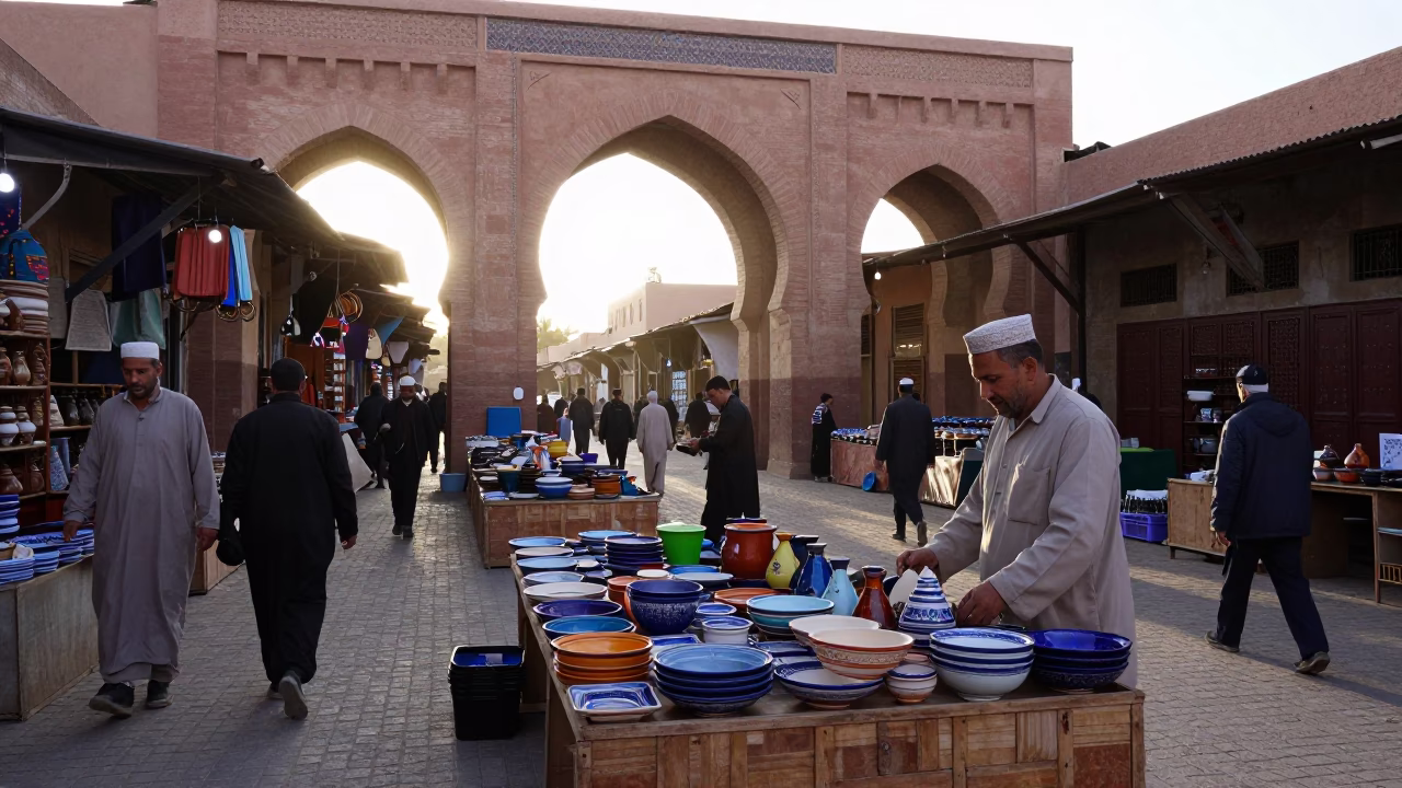 Early Morning Souk Activity in Marrakech Morocco with Traditional Market Stalls in in Marrakech, Morocco