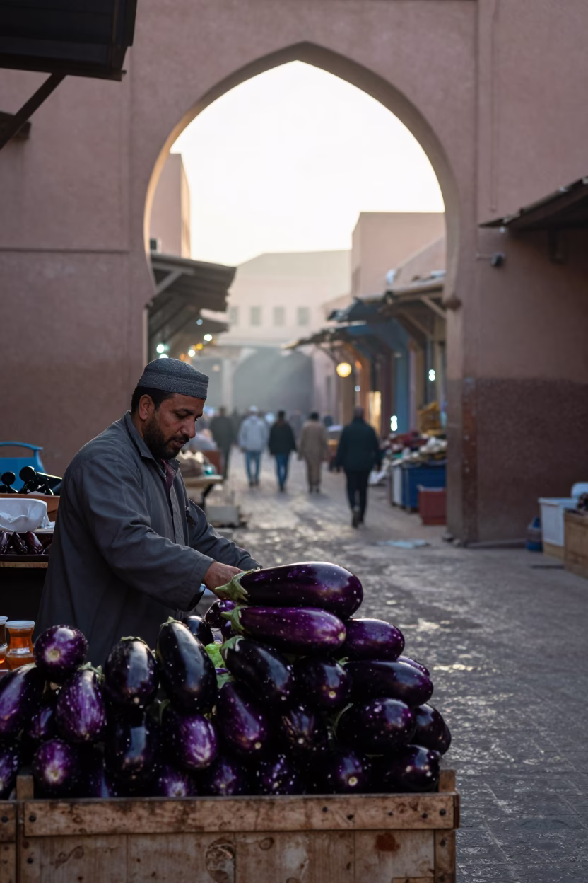 Early Morning Souk Scene in Marrakech Morocco with Tea Stains and Eggplants in in Marrakech, Morocco
