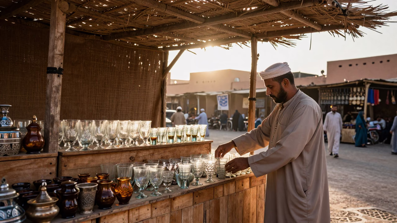 Early Morning Souk Stall in Marrakech Morocco with Glass Tumblers and Twine in in Marrakech, Morocco