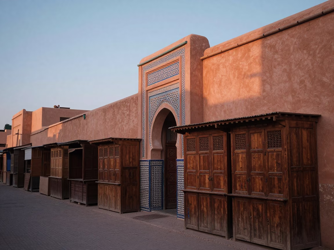 Early Morning Souk Stalls and Clay Architecture in Marrakech at Nautical Dawn in in Marrakech, Morocco