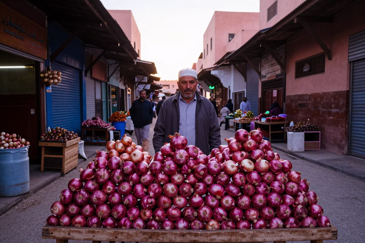 Early Morning Souk Street Scene in Marrakech with Onions and Traditional Pottery in in Marrakech, Morocco
