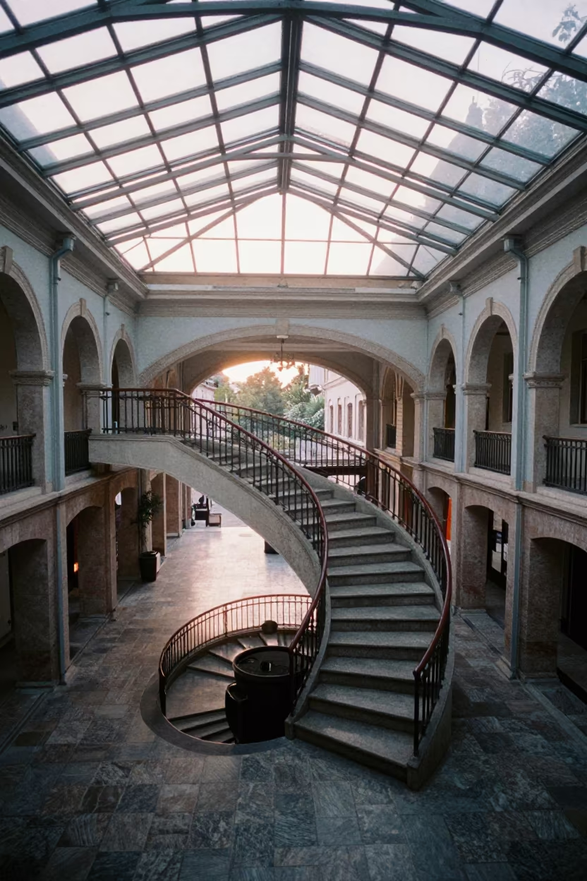 Early Morning Staircase Spiral in Hama Glass Arcade in inside a glass-roofed arcade near Hama