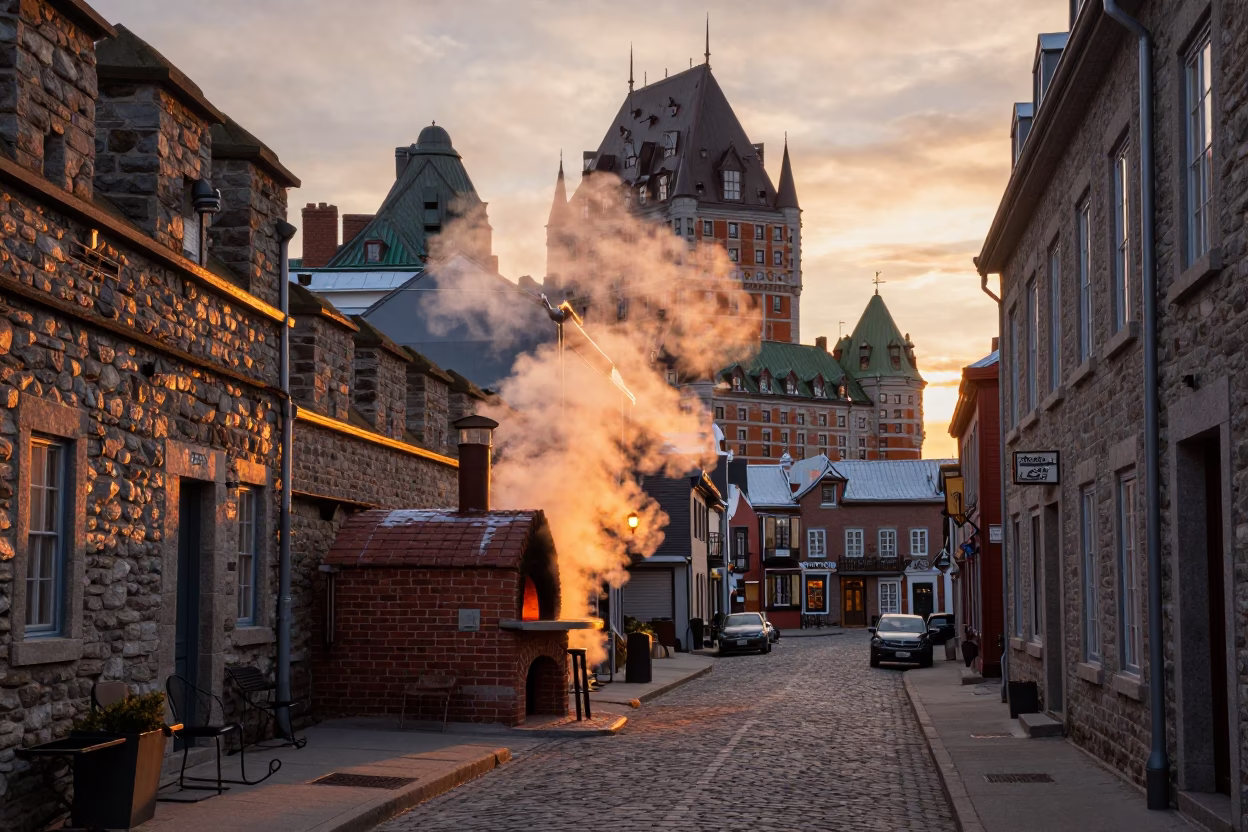 Early Morning Steam and Brick Oven in Quebec City Winter Dawn in in Quebec City, Quebec, Canada