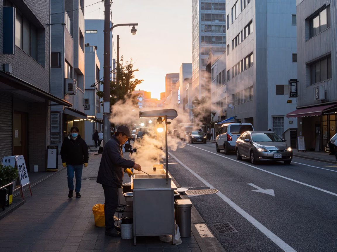 Early Morning Steam and City Life in Fukuoka Japan Dawn Street Scene in in Fukuoka, Japan