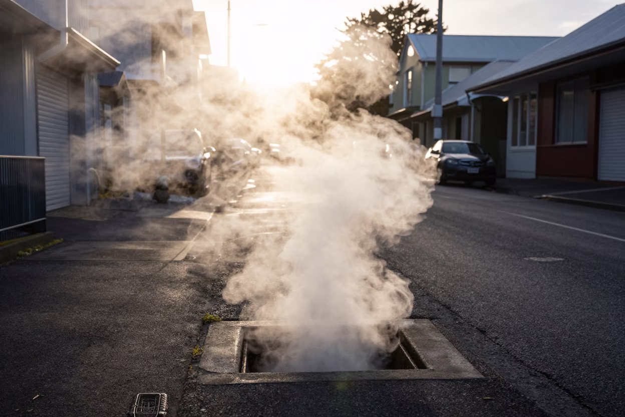 Early Morning Steam from District Heating Pipes in Wellington Autumn in in Wellington, New Zealand