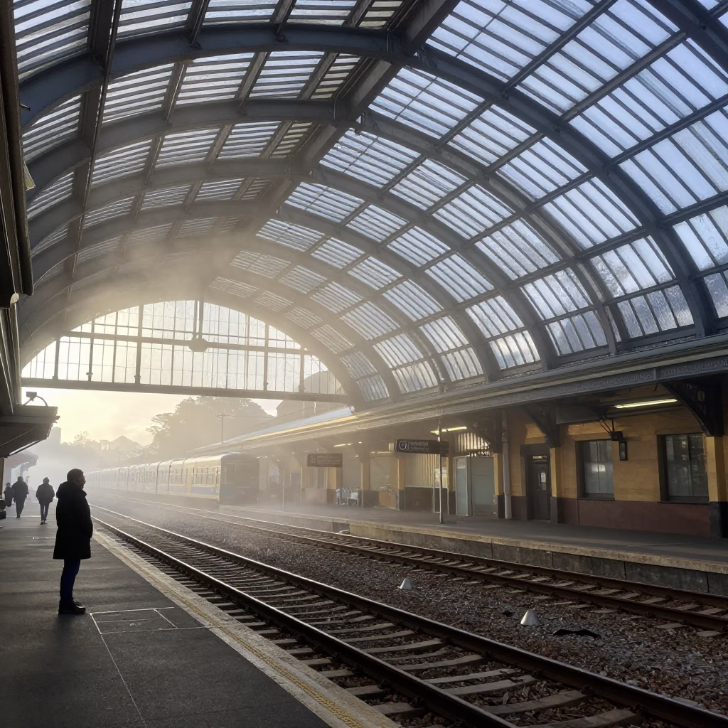 Early Morning Steam Haze Above Hook Plate at Hobart Railway Station Tasmania in in Hobart, Tasmania, Australia