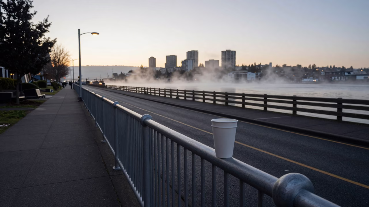 Early Morning Steam Haze and Urban Harbor View in Portland Oregon Before Dawn in in Portland, Oregon, United States
