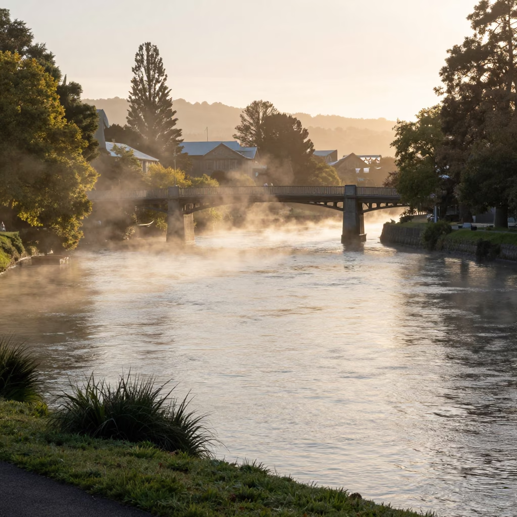 Early Morning Steam Haze Over Christchurch Avon River with Historic Bridge Views in in Christchurch, New Zealand