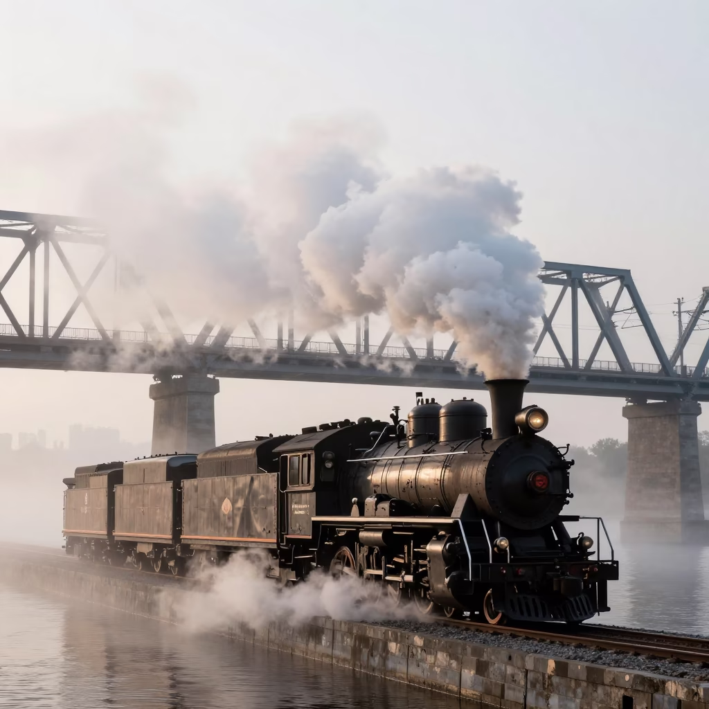 Early Morning Steam Locomotive Crossing Bridge in Montreal Quebec Canada in in Montreal, Quebec, Canada