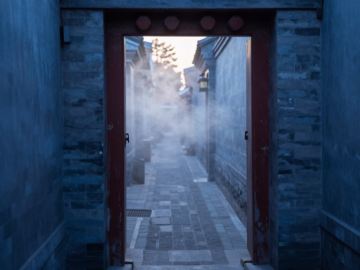 Early Morning Steam Rising from Alley Doorway in Beijing China at Dawn in in Beijing, China