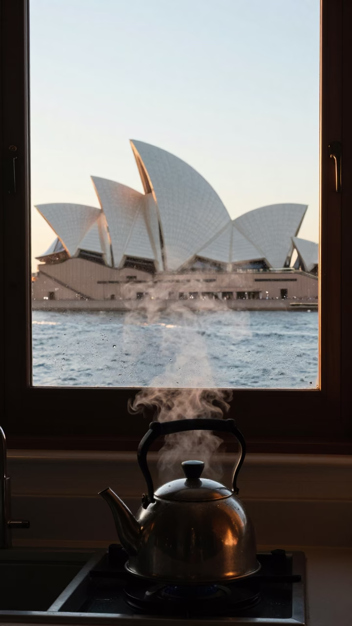 Early Morning Steam Rising from Kettle Lid in Sydney Kitchen Window View in in Sydney, New South Wales, Australia