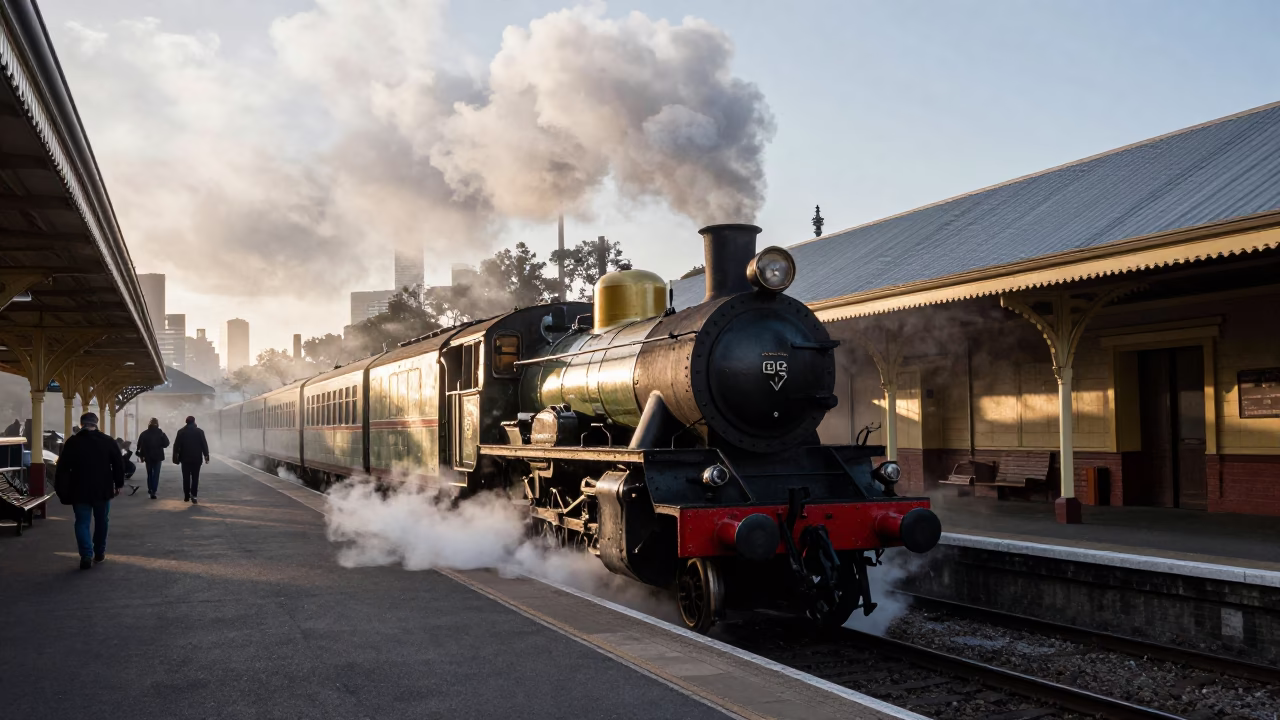 Early Morning Steam Train Arrival at Victorian Railway Station in Melbourne Victoria Australia in in Melbourne, Victoria, Australia