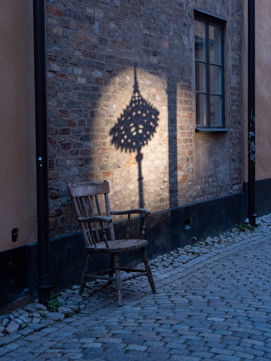 Early Morning Stockholm Alley with Wicker Shadow and Spindle Chair in in Stockholm, Sweden