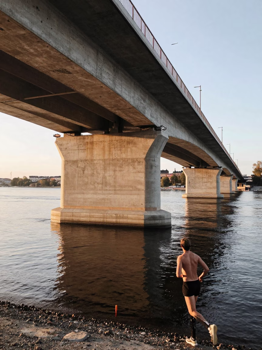 Early Morning Stockholm Bridge Construction with Brown Water and Polished Brass Hardware Detail in in Stockholm, Sweden