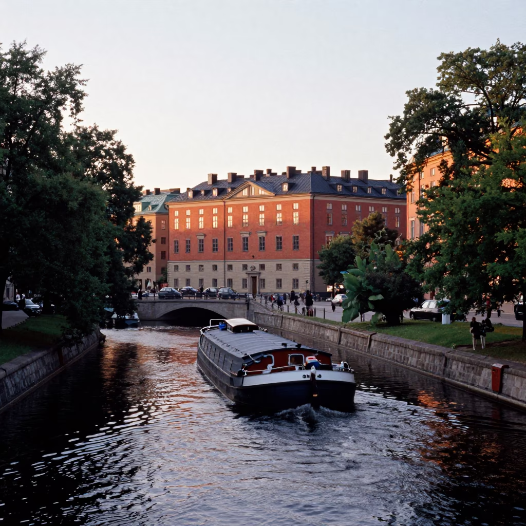 Early Morning Stockholm Canal Scene with Barge and Historic Architecture in in Stockholm, Sweden