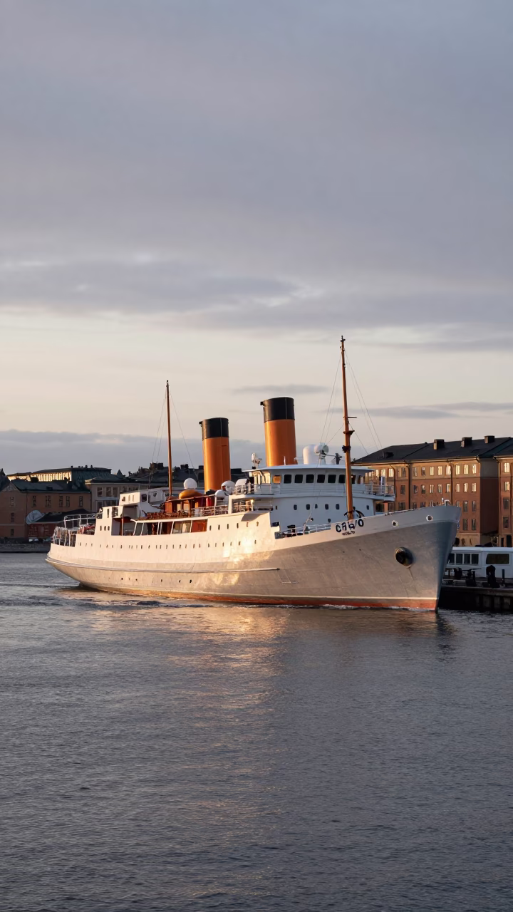 Early Morning Stockholm Harbor Steamship Listing in Harbor Swell Before Sunrise Cool Stillness in in Stockholm, Sweden