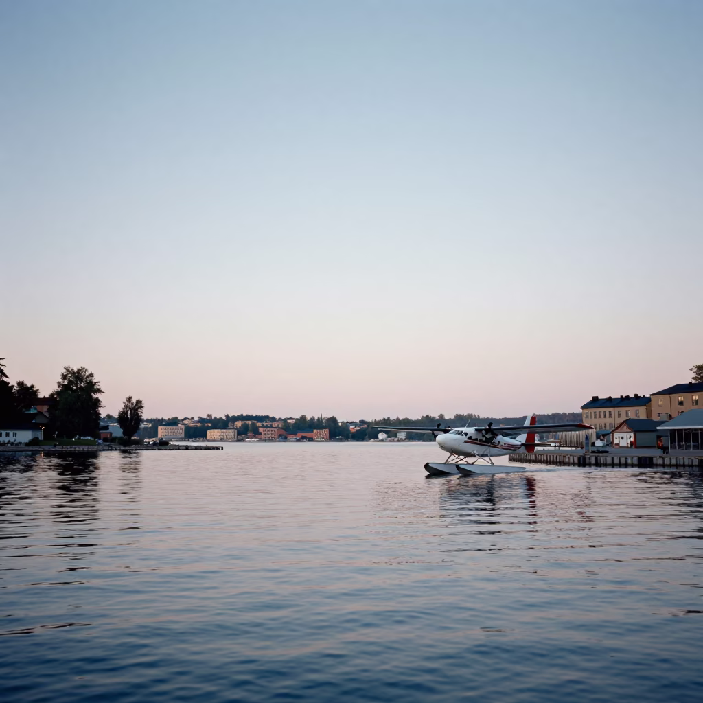 Early Morning Stockholm Harbor View with Seaplane Landing on Calm Waters in in Stockholm, Sweden
