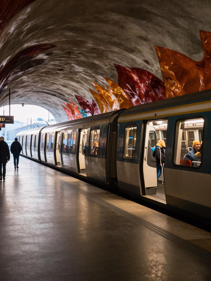 Early Morning Stockholm Metro Train Arriving at Art-Adorned Station Platform with Commuters in in Stockholm, Sweden