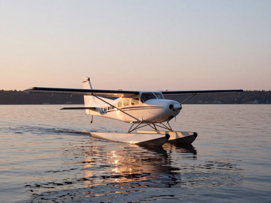 Early Morning Stockholm Seaplane Landing on Lake Mälaren at First Light Dawn in in Stockholm, Sweden