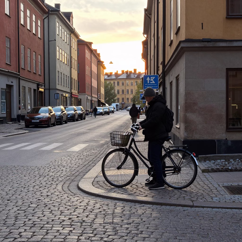 Early Morning Stockholm Street Scene with Bicycle and Coffee Cup Near Waterfront in in Stockholm, Sweden