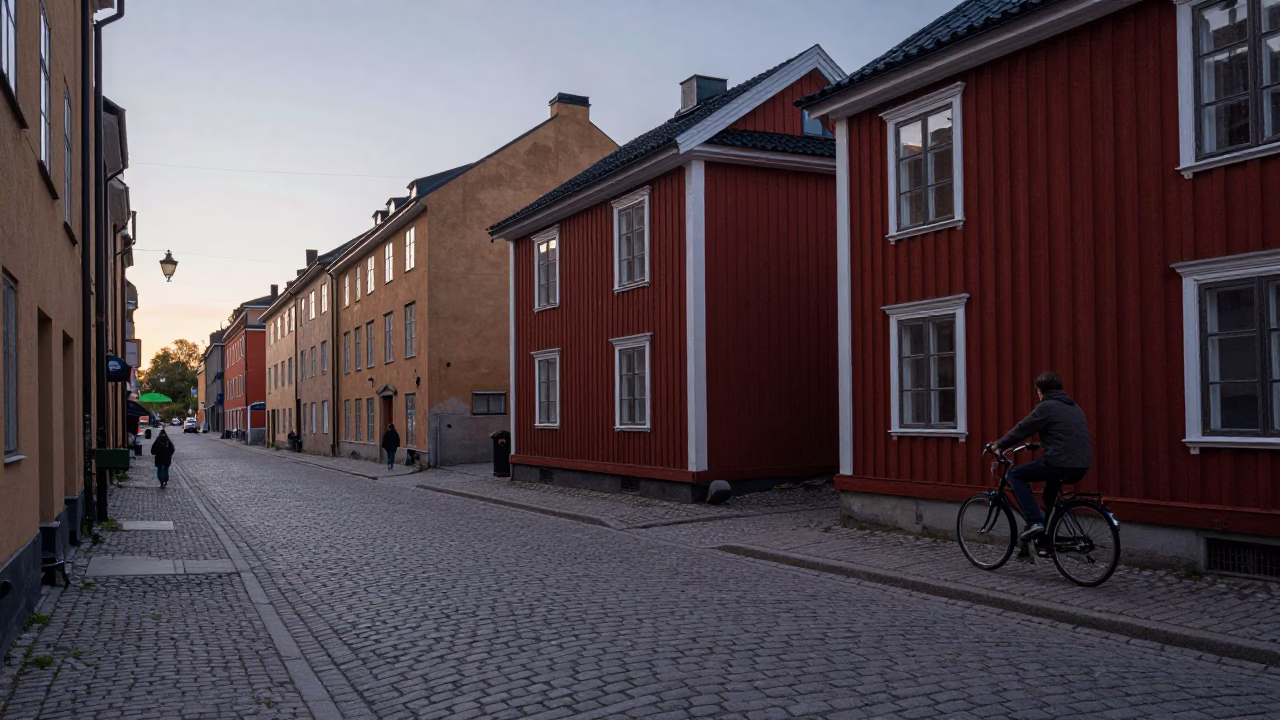 Early Morning Stockholm Street Scene with Bicycle and Urban Details in in Stockholm, Sweden