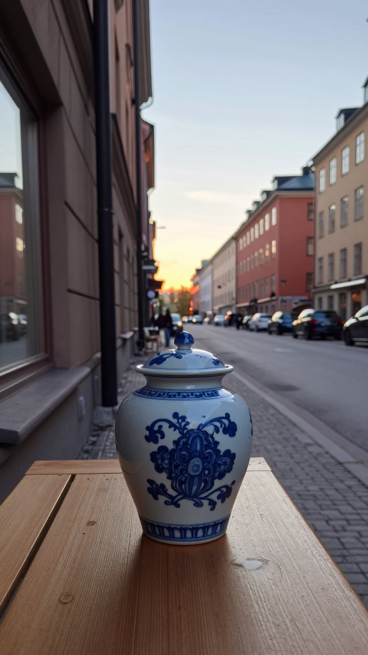 Early Morning Stockholm Street Scene with Blue Porcelain Jar and Window Light in in Stockholm, Sweden