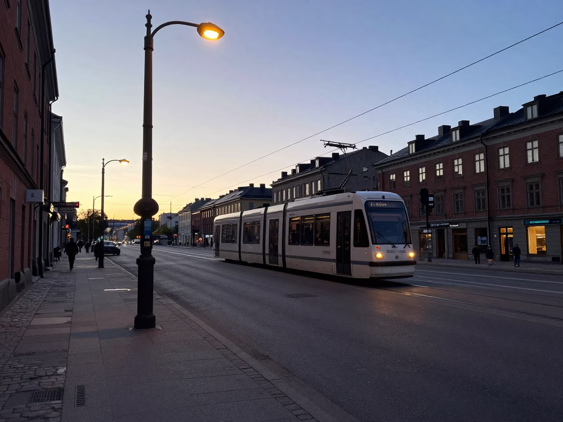 Early Morning Stockholm Street Scene with Cable Car and Vintage Recorder in in Stockholm, Sweden