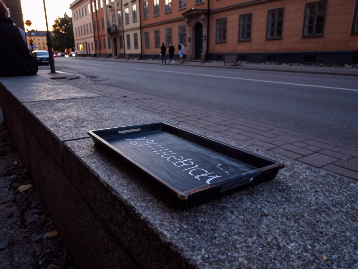 Early Morning Stockholm Street Scene with Chalk Tray and Urban Details in in Stockholm, Sweden