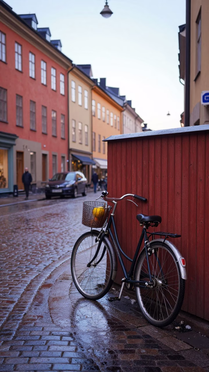 Early Morning Stockholm Street Scene with Colorful Vintage 1990s Aesthetic and Urban Details in in Stockholm, Sweden