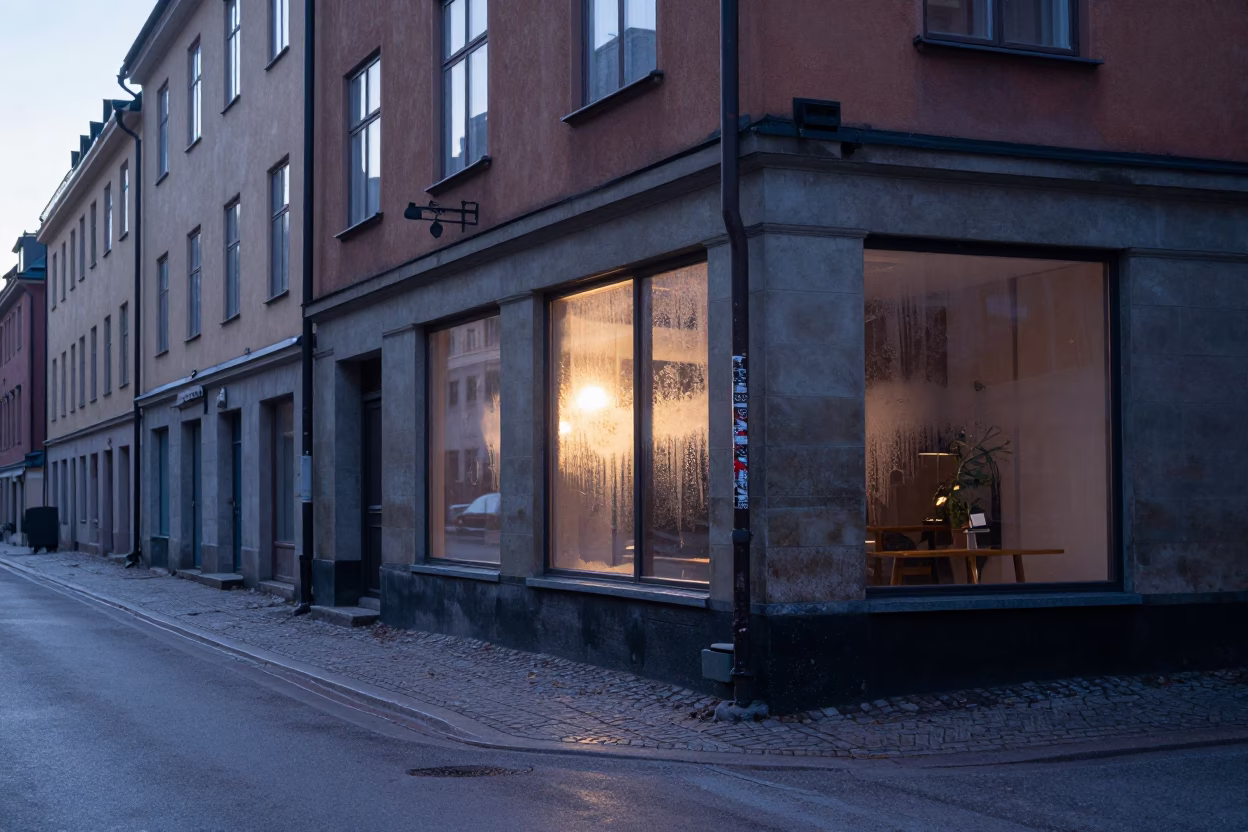 Early Morning Stockholm Street Scene with Condensation on Glass and Urban Reflections in in Stockholm, Sweden