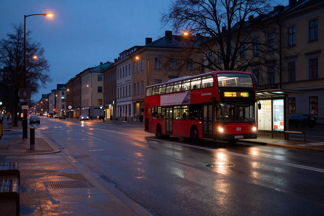 Early Morning Stockholm Street Scene with Double Decker Bus at Rainy Stop Before Dawn in in Stockholm, Sweden