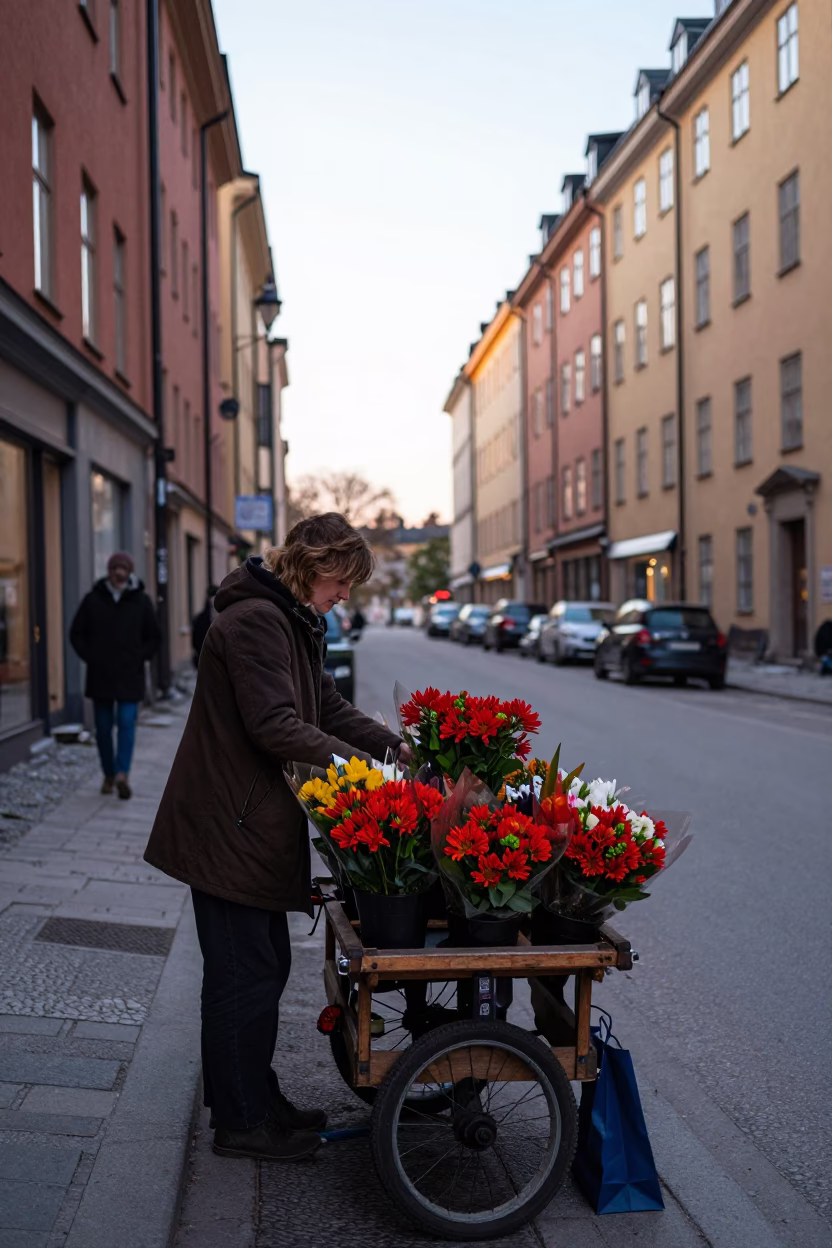 Early Morning Stockholm Street Scene with Flower Vendor and Vintage Tram in in Stockholm, Sweden