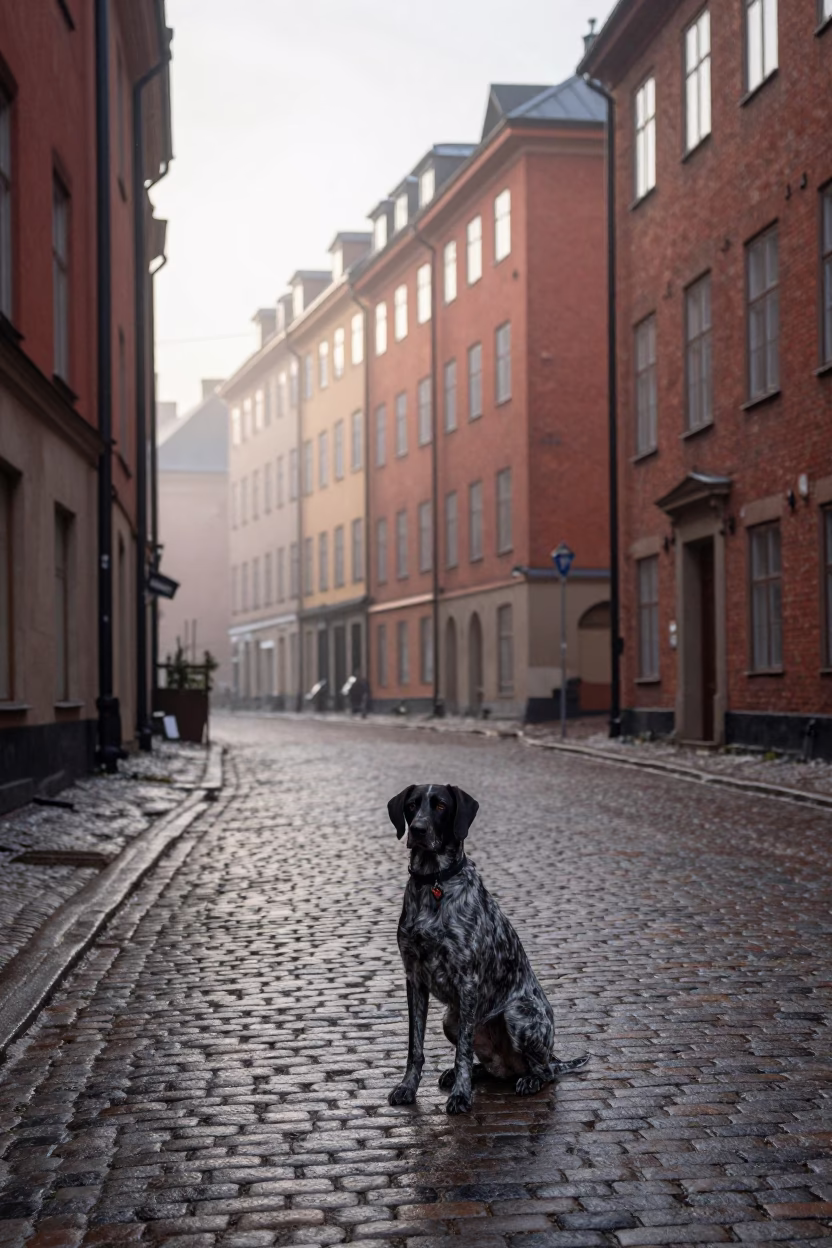 Early Morning Stockholm Street Scene with German Shorthaired Pointer and Weathered Architecture in in Stockholm, Sweden