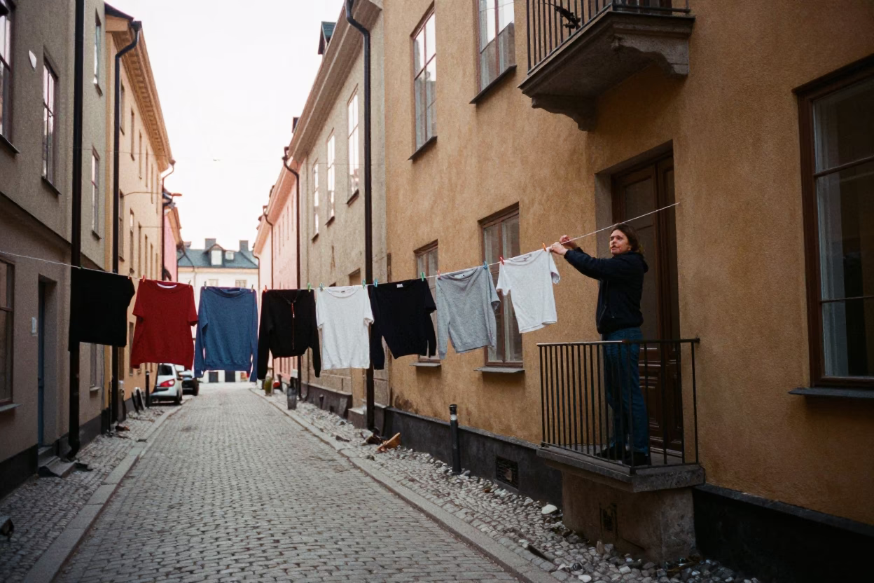 Early Morning Stockholm Street Scene with Laundry Pins and Watering Jug in in Stockholm, Sweden