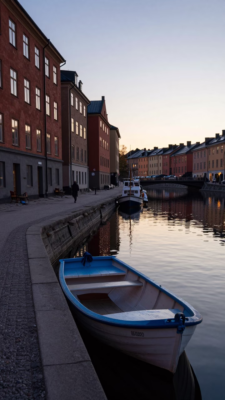 Early Morning Stockholm Street Scene with Painted Rowboat and Glassy Water Reflections in in Stockholm, Sweden