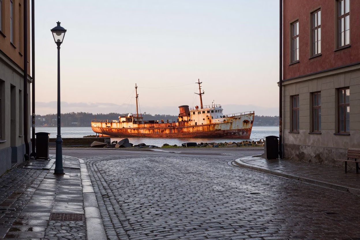 Early Morning Stockholm Street Scene with Rusting Ship and Bauhaus Architecture in in Stockholm, Sweden