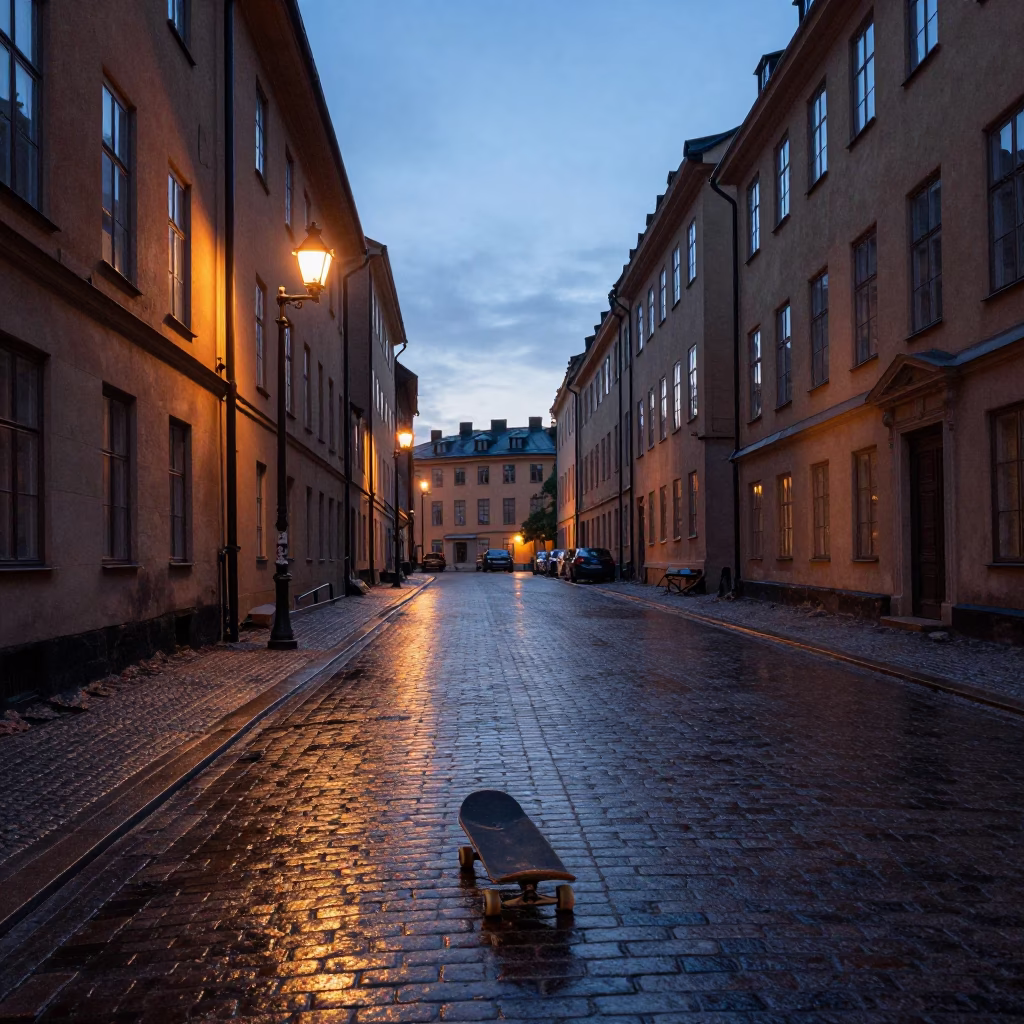 Early morning Stockholm street scene with skateboard and urban details before dawn in in Stockholm, Sweden