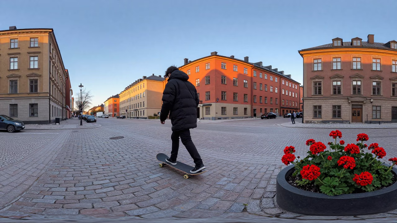 Early Morning Stockholm Street Scene with Skateboarder and Geraniums in in Stockholm, Sweden